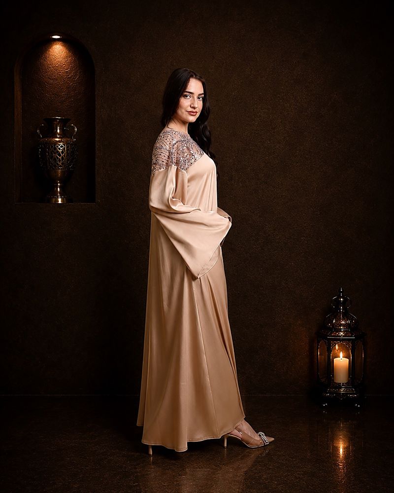  Embroidered Jalabiya with Outer Belt Stretch Crepe with Embellished Tulle_thumbnail_0