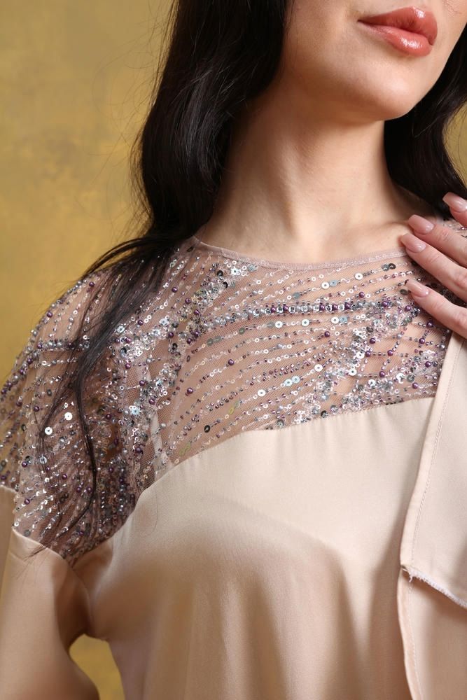  Embroidered Jalabiya with Outer Belt Stretch Crepe with Embellished Tulle_thumbnail_2